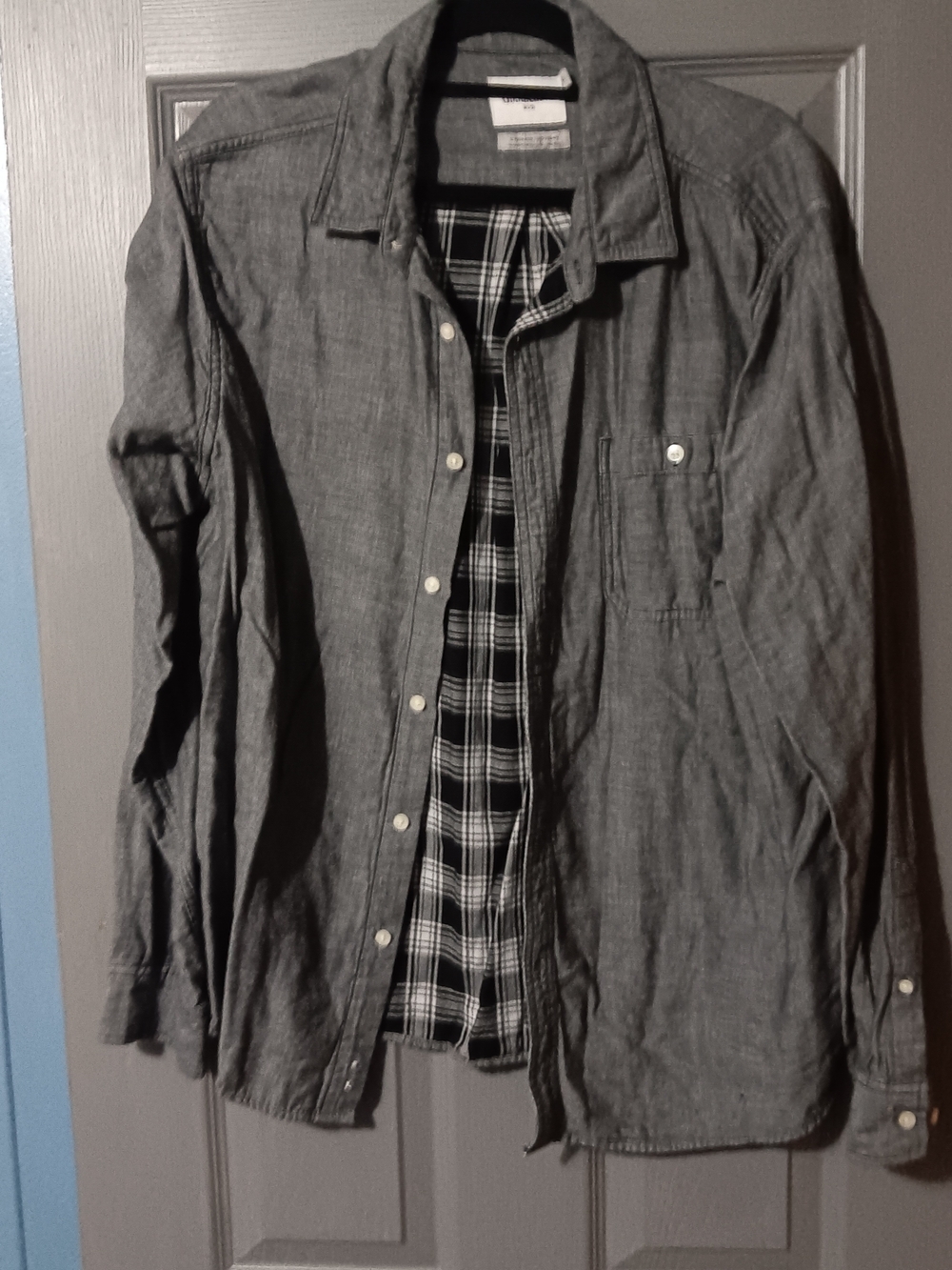 Gray Button-Up Shirt with Plaid Lining